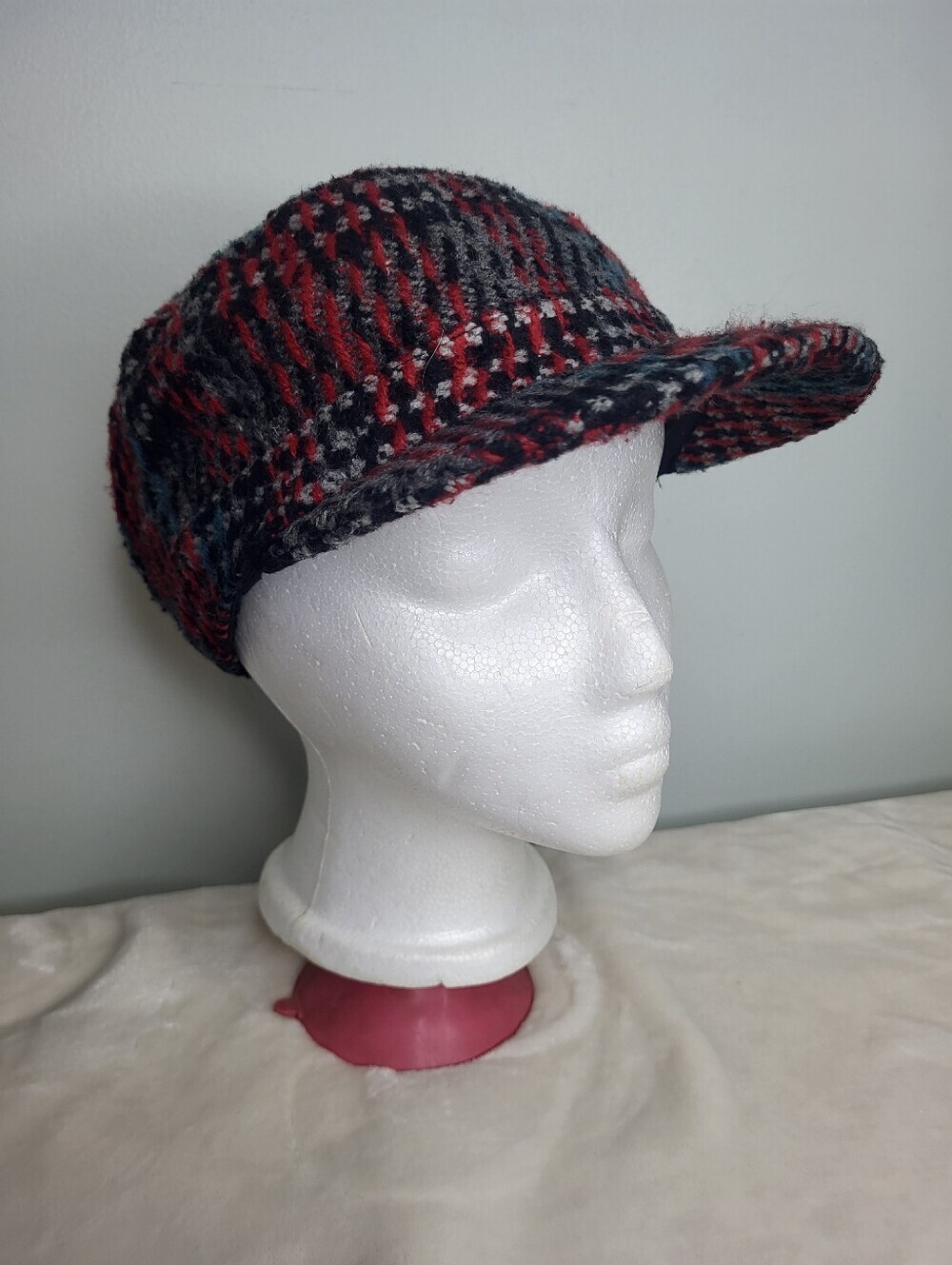 Shandon Ireland Wool Blend Plaid Newsboy Cap in Red and Gray.